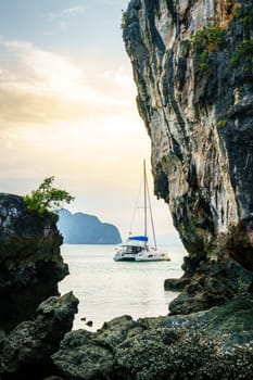 Sail boat anchored by Koh Hong island in Andaman Sea
