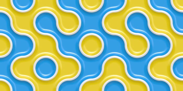 Yellow Blue Seamless Truchet Tilling Background. Geometric Mosaic Connections Texture. Tile Circles Labyrinth Backdrop.