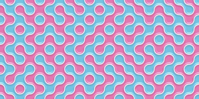 Blue Pink Seamless Truchet Tilling Background. Geometric Mosaic Connections Texture. Tile Circles Labyrinth Backdrop.