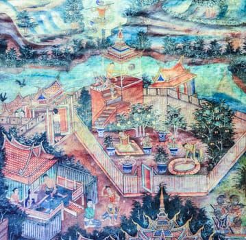 CHIANG MAI,THAILAND - OCTOBER 25, 2014 : Mural painting of Thai folktale of Songthong on temple wall of Phra Buddha Singh Temple in Chiang Mai, Thailand.