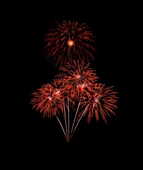 Beautiful Red fireworks exploding in the night sky, isolated on black background. New year and anniversary concept.