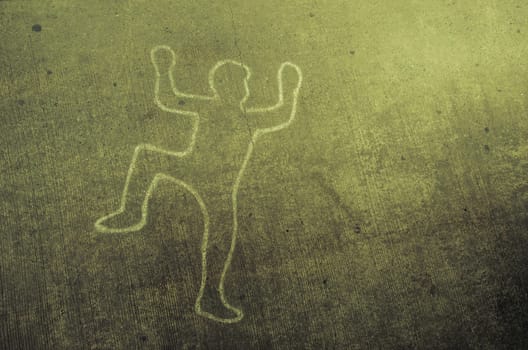 Crime scene chalk line of an auto accident with tire skid marks leading over the body.vintage tone