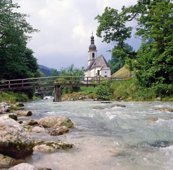 Church with bridge in Ramsau, Germany