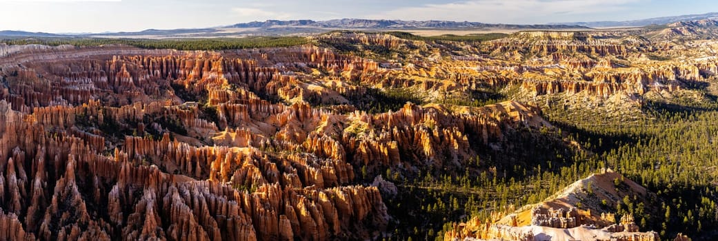 Panorama Landscape Hoodoos in Bryce Canyon National Park viewpoint in Utah United States. USA American National Park Landscape travel destinations and tourism concept. Web Banner crop.