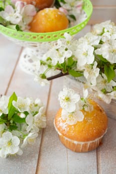 Golden muffin cupcakes, vertical image, spring flowers on shabby background