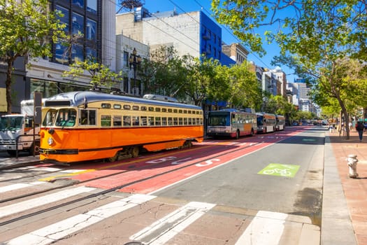 San Francisco downtown with culture and citylife at Powell street and Market street in North California USA. San Francisco United States Landmark Travel Destination cityscape concept.