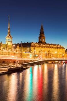 Copenhagen Cityscape with skyline skyscraper building downtown city at sunset twilight night Denmark Scandinavia in Europe. Landmark city life and nightlife concept.
