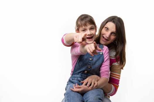Mom and daughter fun finger forward, isolated on white background