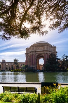 Architecture of Palace of fine arts at Presidio Park garden in North California USA West Coast of Pacific Ocean, San Francisco United States Landmark Travel Destination cityscape concept.