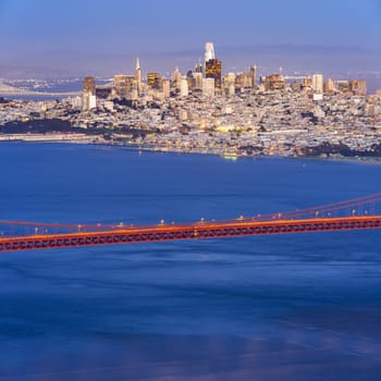 Sunset Golden Gate bridge Viewpoint with beautiful cityscape San Francisco skylines North California USA West Coast of Pacific Ocean, United States Landmark Travel Destination and cityscape concept.
