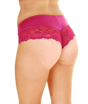 A nice bottom of a young woman standing from the back in her burgundy.panties, isolated for white background.