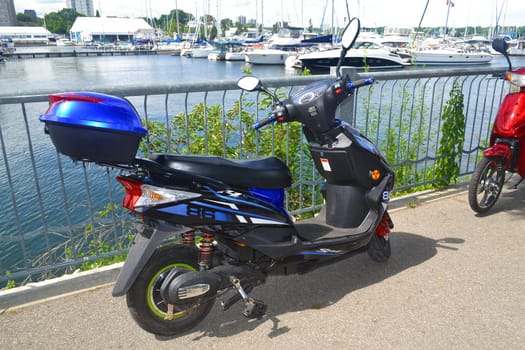 Two motorbikes sitting on the promenade on the harbor of Hamilton.with many sailboats in the background.