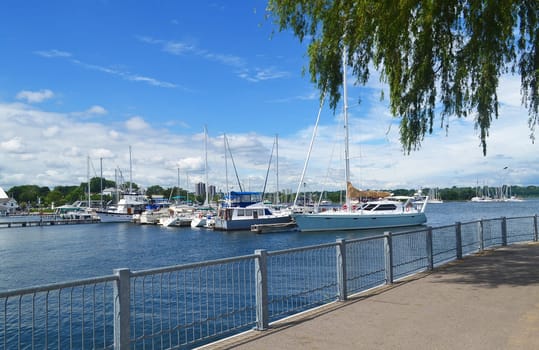 The promenade of Hamilton harbor on a sunny day with several sailboats.in the harbor.