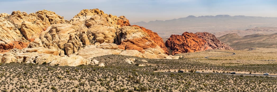 Panoramic of desert Landscape of Red Rock Canyon National Conservation recreation Area in Las Vegas Nevada United States. USA landmark national park nature landscape travel and tourism concept.