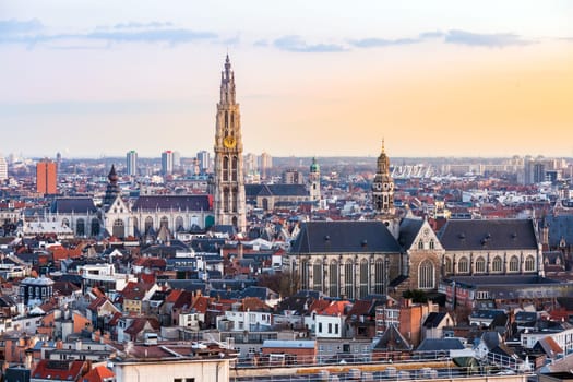 Aerial high angle view landscape of Antwerp cityscape with cathedral of Our Lady, Antwerpen Belgium sunset. EU Begium city landmark for tourism and travel destination.