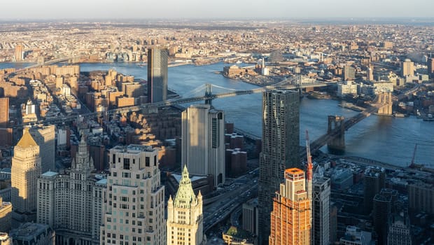Panoramic High Angle view landscape of New York downtown and brooklyn cityscape of Brooklyn bridge Manhattan bridge and Williamsburg bridge in New York City, New York State NY , USA
