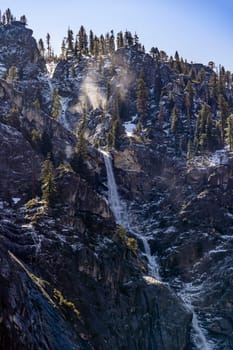 Bridalveil Falls waterfall in Yosemite National Park San Francisco in North California United States. USA National park landmark and famous tourist spot for travel destination and adventure concept.