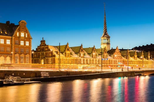 Copenhagen Cityscape with skyline skyscraper building downtown city at sunset twilight night Denmark Scandinavia in Europe. Landmark city life and nightlife concept.