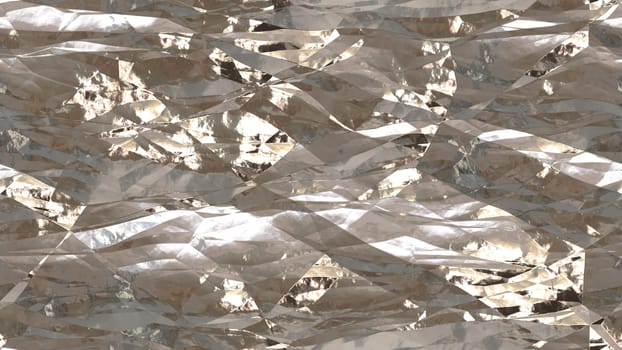 Light beige shiny crumpled metallic foil seamless background texture surface.