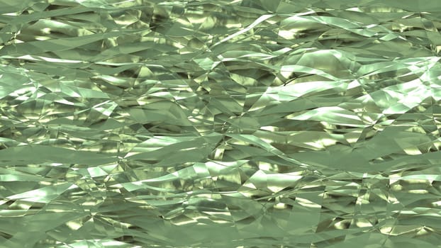 Pistachio shiny crumpled metallic foil seamless background texture surface.