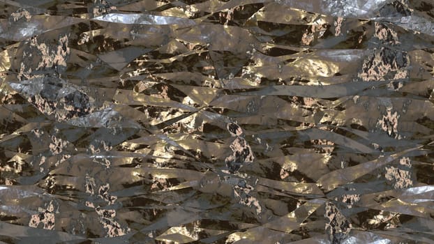 Dark shiny crumpled metallic foil seamless background texture surface.