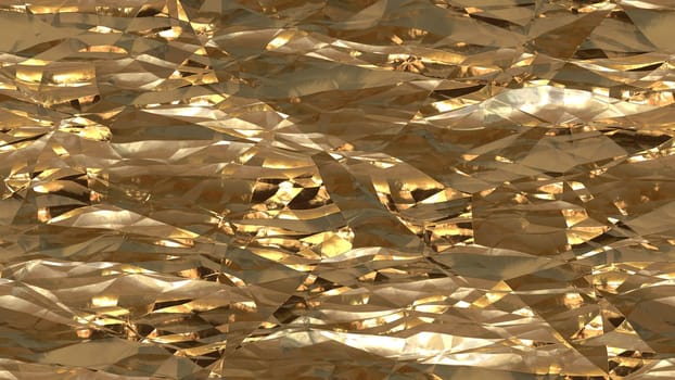 Gold shiny crumpled metallic foil seamless background texture surface.