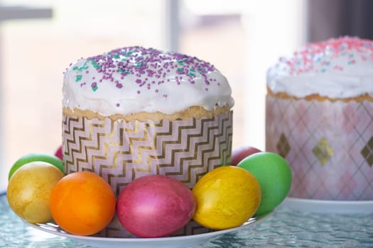 Easter still life with cake and painted eggs