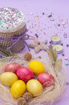 vertical photo of Easter attributes in yellow-pink tones