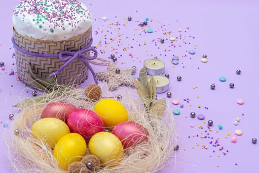 horizontal photo of the compilation for Easter with cake and painted eggs