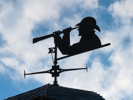 A weather vane with person looking through a telescope