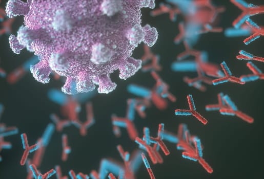 Immunological system, antibodies attacking the virus covid-19. 3D illustration, concept of the body's defense system. Y-shaped antibody attacking the coronavirus.