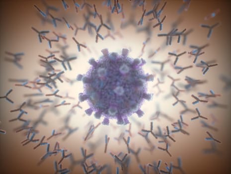 Immunological system, antibodies attacking the virus covid-19. 3D illustration, concept of the body's defense system. Y-shaped antibody attacking the coronavirus.