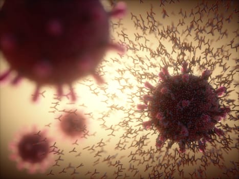 Immunological system, antibodies attacking the virus covid-19. 3D illustration, concept of the body's defense system. Y-shaped antibody attacking the coronavirus.
