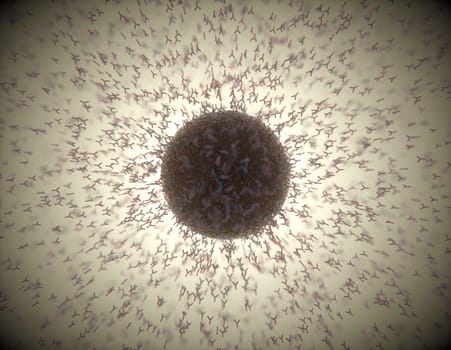 Immunological system, antibodies attacking the virus covid-19. 3D illustration, concept of the body's defense system. Y-shaped antibody attacking the coronavirus.