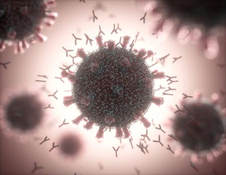Immunological system, antibodies attacking the virus covid-19. 3D illustration, concept of the body's defense system. Y-shaped antibody attacking the coronavirus.