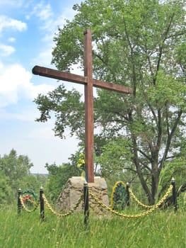 Cross on grave of Ivan Bohun Ukrainian Cossack colonel. Burial place of Ukrainian hetman Ivan Bogun near Novhorod-Siverskyi town
