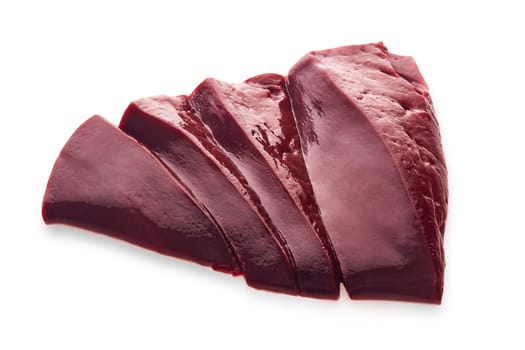 Raw slices of beef livers isolated on a white background
