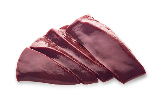 Raw slices of beef livers isolated on a white background