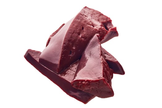 Raw slices of beef livers isolated on a white background