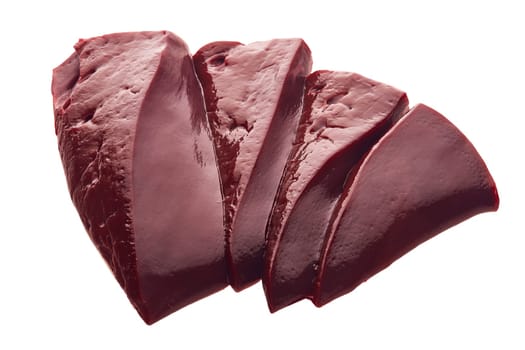 Raw slices of beef livers isolated on a white background
