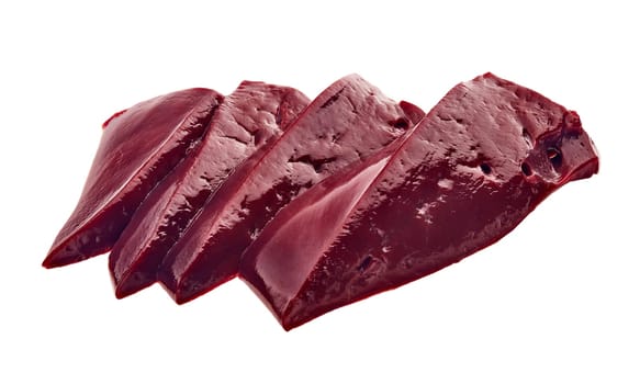 Raw slices of beef livers isolated on a white background