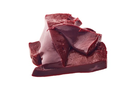 Raw slices of beef livers isolated on a white background