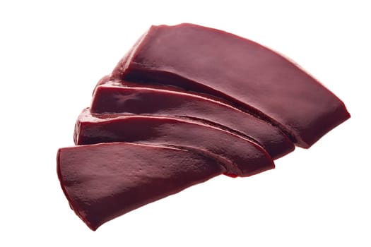 Raw slices of beef livers isolated on a white background