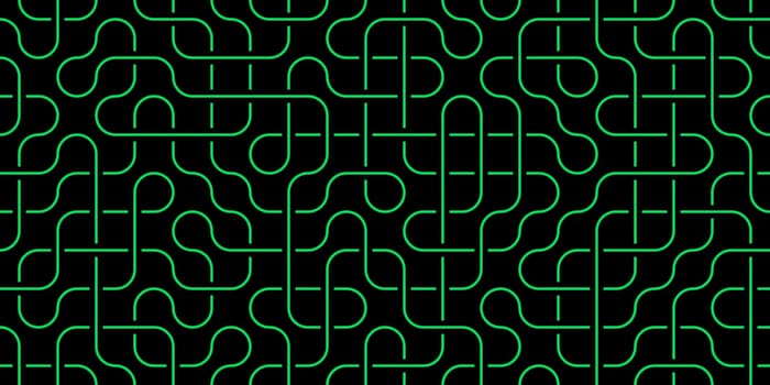 Green Seamless Swirl Lines on Black Background. Modern Stripe Pathway Texture. Labyrinth Line Backdrop.