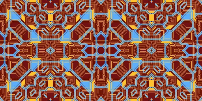Light Brown Sky Blue Seamless Techno Lines Pattern. Futuristic Geometry Background. Laser Technical Design Texture.