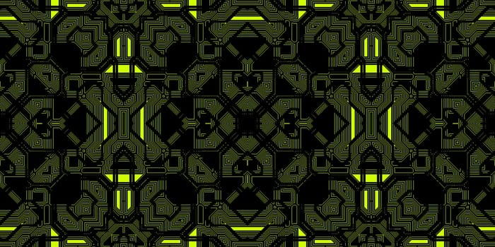Black Yellow Seamless Techno Lines Pattern. Futuristic Geometry Background. Laser Technical Design Texture.