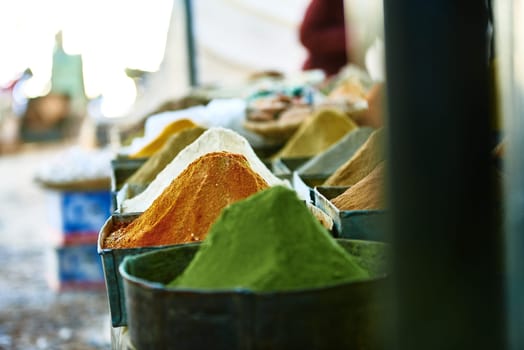 colors smells and flavors in the Fez spice market, in Morocco