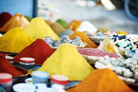 colors smells and flavors in the Fez spice market, in Morocco