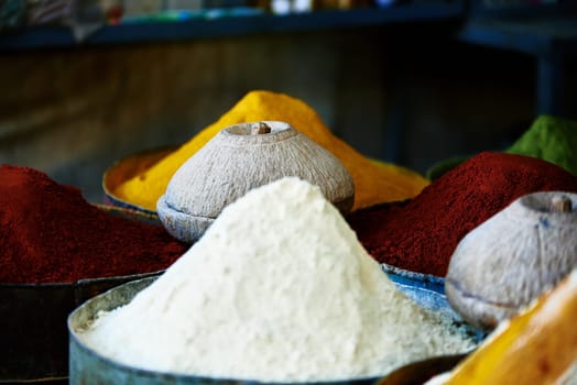 colors smells and flavors in the Fez spice market, in Morocco