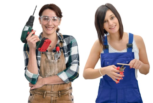 two pretty young women in a work overalls